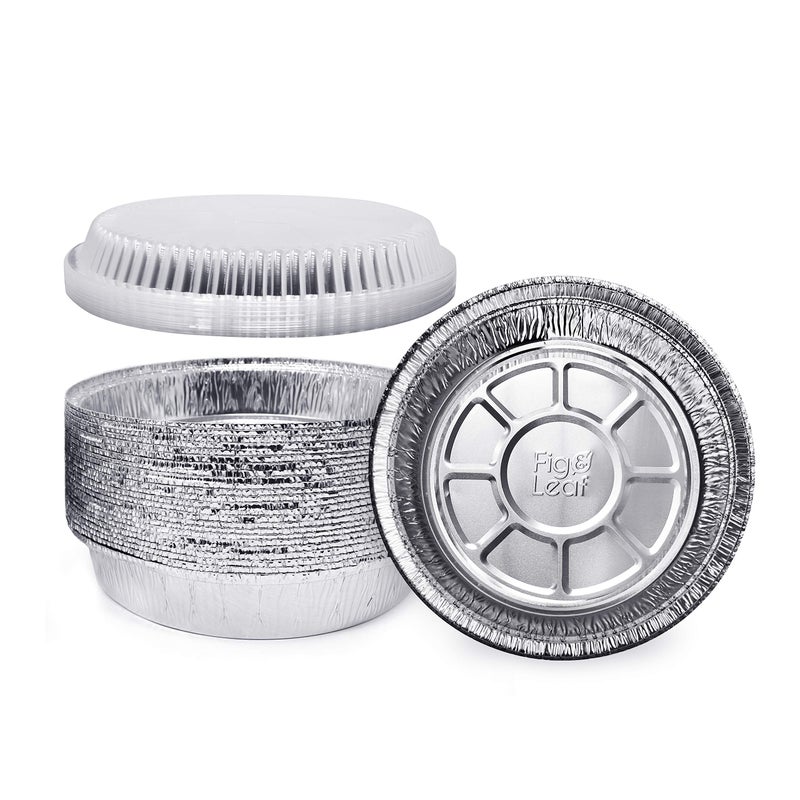 Fig & Leaf (60 Pack) Premium 7-Inch Round Foil Pans with Plastic Dome Lids l Heavy Duty l Disposable Aluminum Tin for Roasting, Baking, or Cooking - Image 1
